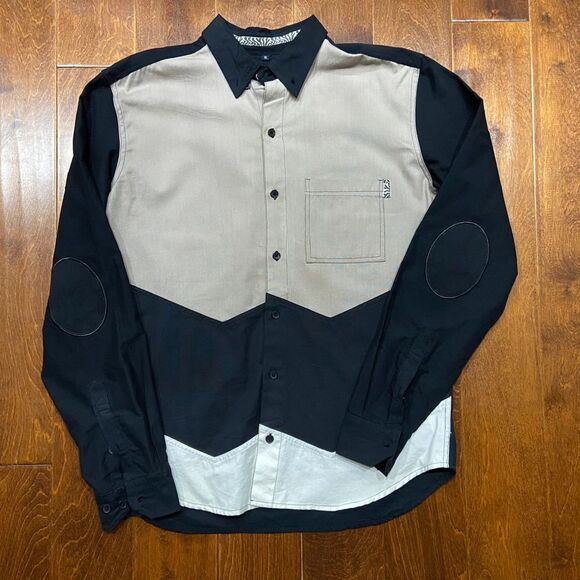 Rich Wierdo Color Block Black Tan White Button Down Shirt Cotton Men's XL - Picture 3 of 9